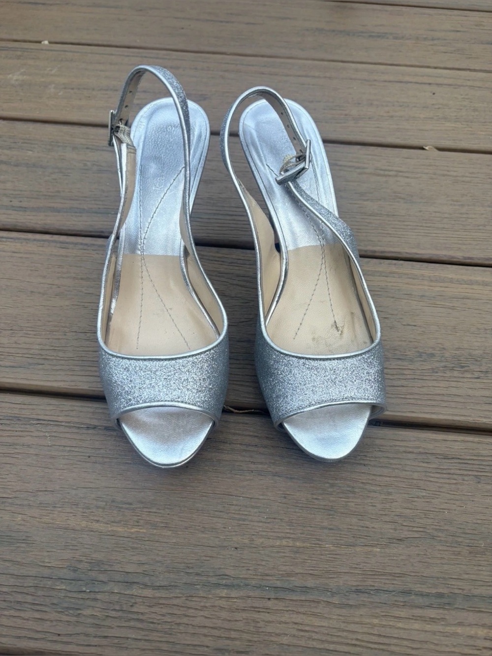 KATE SPADE GLIMMER SILVER METALLIC GLITTER PEEP TOE PLATFORM PUMPS HEELS 6 $250